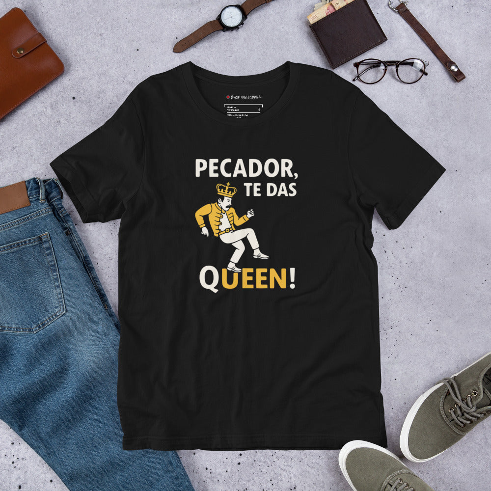 camiseta pecador te das queen parodia musical en negro
