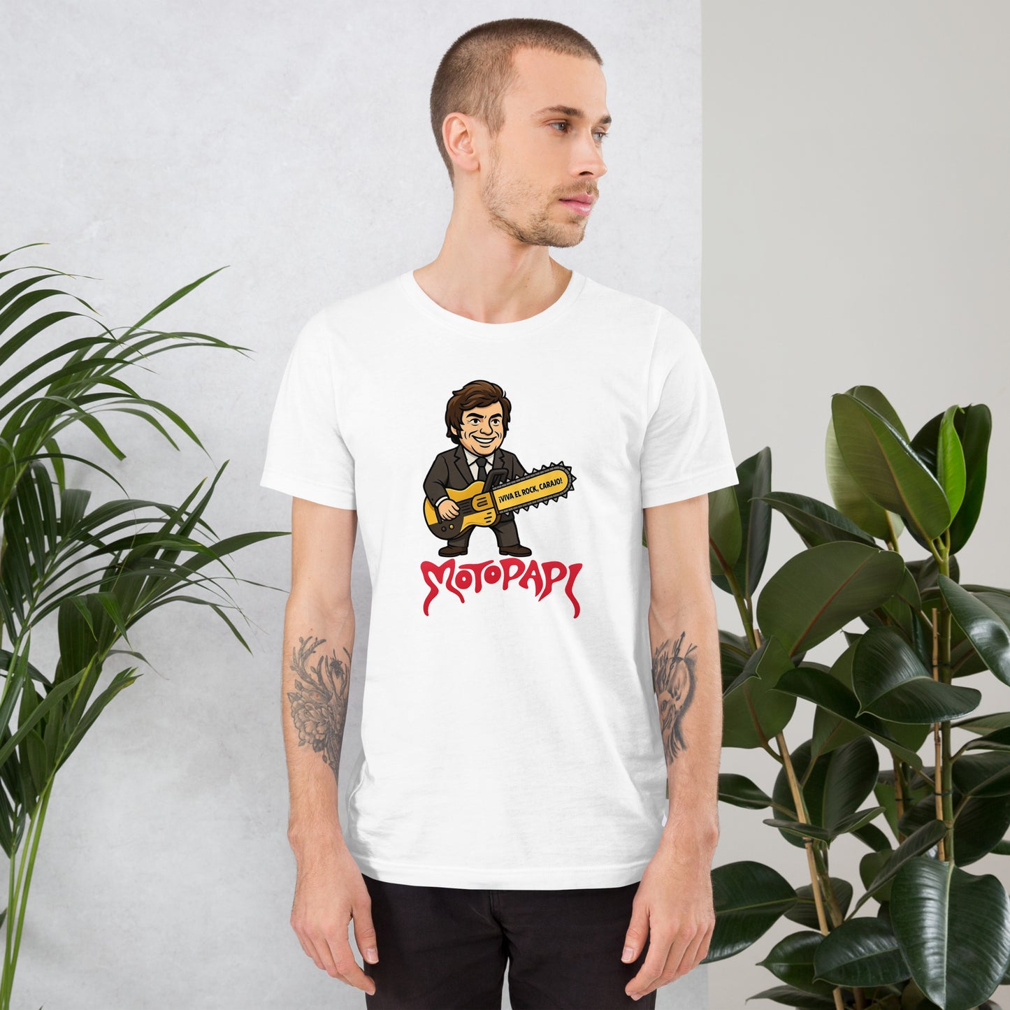 camiseta motopapi blanca diseño rockero estilo cartoon